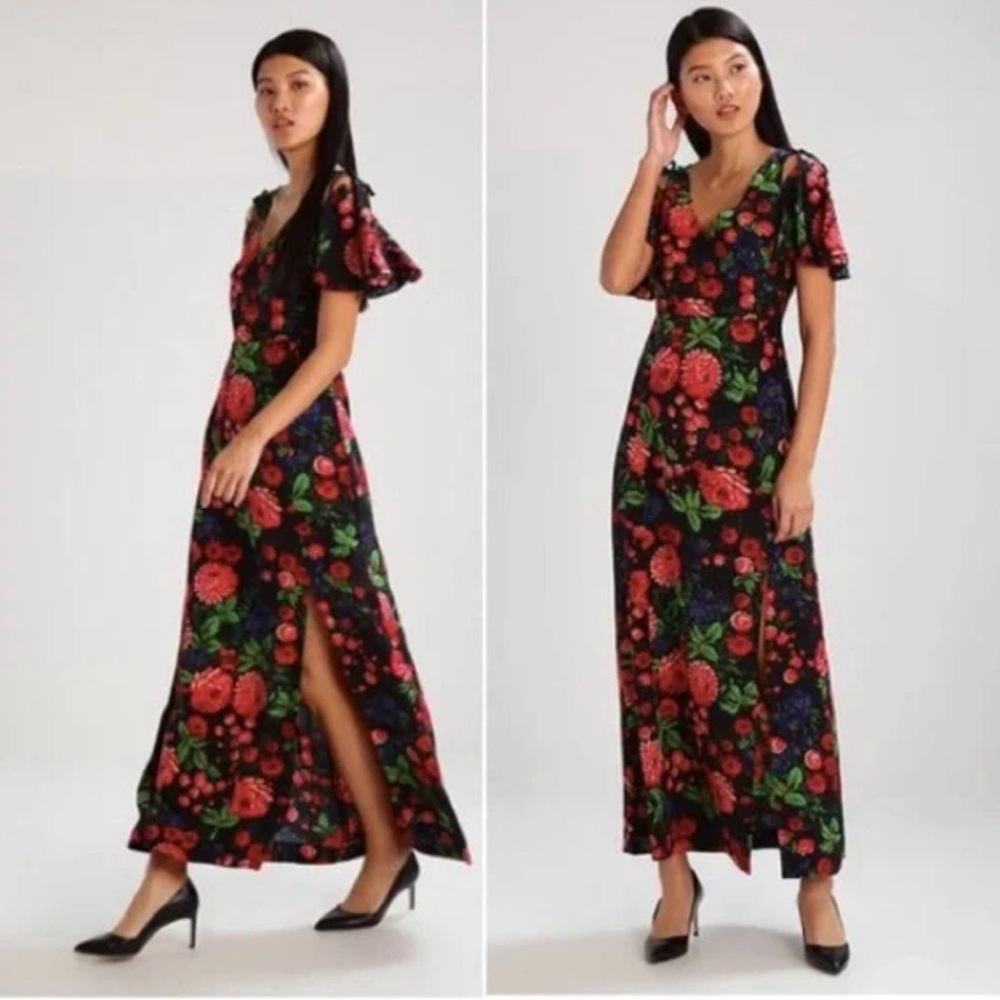 Club Monaco 100% Silk Auditta Black Floral Maxi Dress